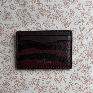 Coach Zebra-Stripe Leather Card Holder in Burgundy and Black
